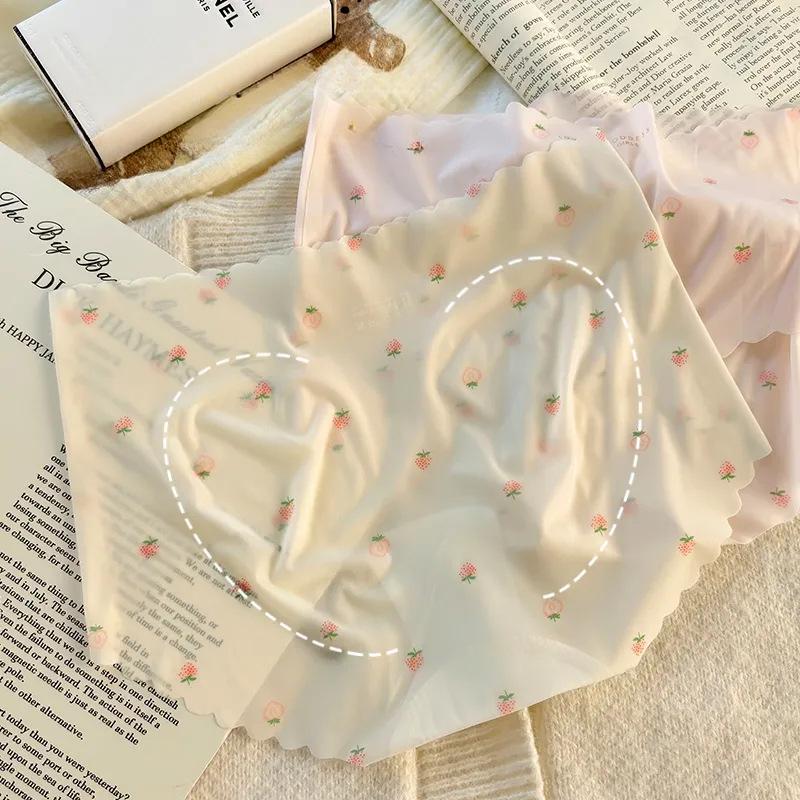 Strawberry Pattern Ice Silk Seamless Panties with Naked Sensation and Hip Hugging Triangle Women’s Panties