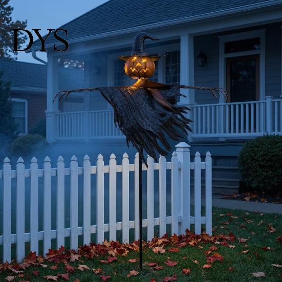 Automatic Nighttime Lighting Decor Halloween Solar Scarecrow Lantern, Scary Pumpkin Head Metal Garden Stake with Decorative Landscape Stakes