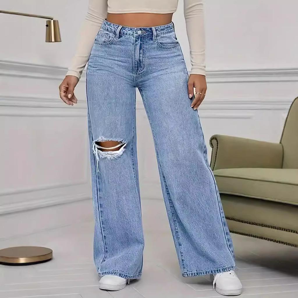 Washed Personality Hole Loose High Waist Wide Leg Floor Jeans
