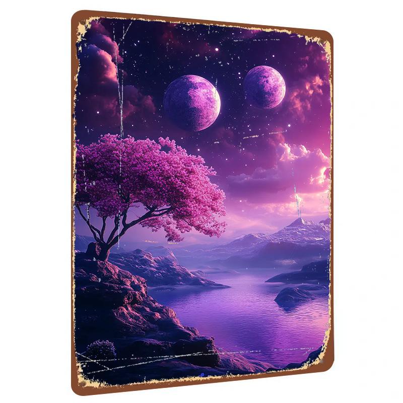 

Dreamy Double Moon Starry Sky Landscape Metal Wall Art Decorative Painting for Living Room 20x30cm（7.8x11.8inch）