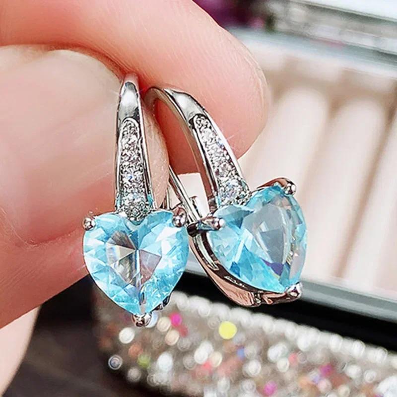 Blue Cz Heart Earrings For Women Elegant Simple Wedding Accessory  Fashion Versatile Ear Jewelry Gift