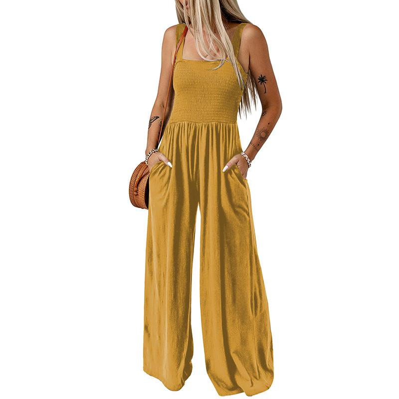 Summer and Autumn Pure Color Women Sexy Suspenders Sleeveless Jumpsuit Wide Leg Pants Office Work Ladies Romper