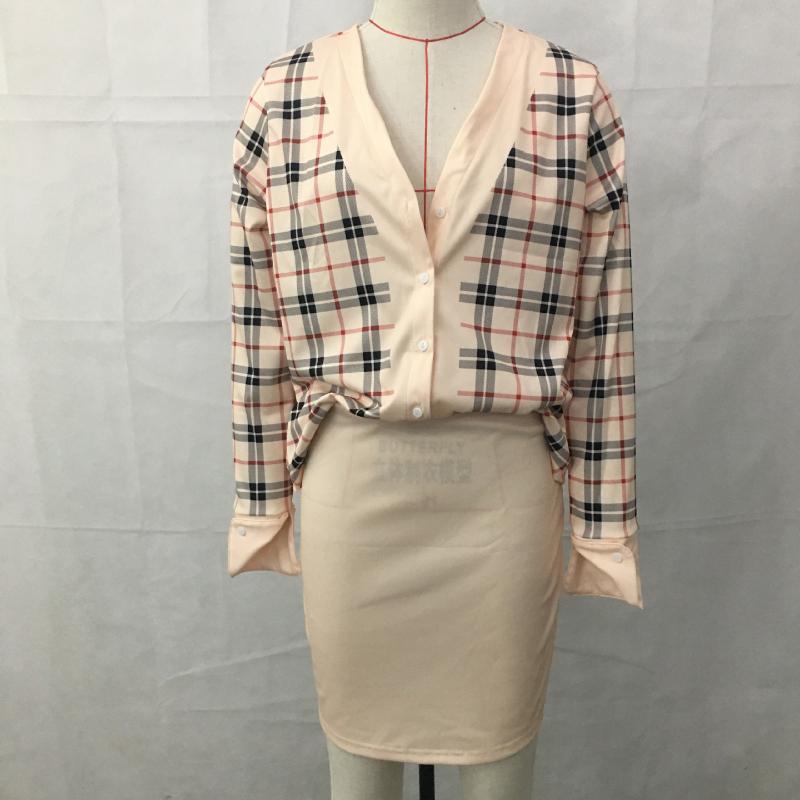 QICED Autumn and Winter Short Skirt Two-piece Sexy Women's Shirt Suit Fashion Casual Suit