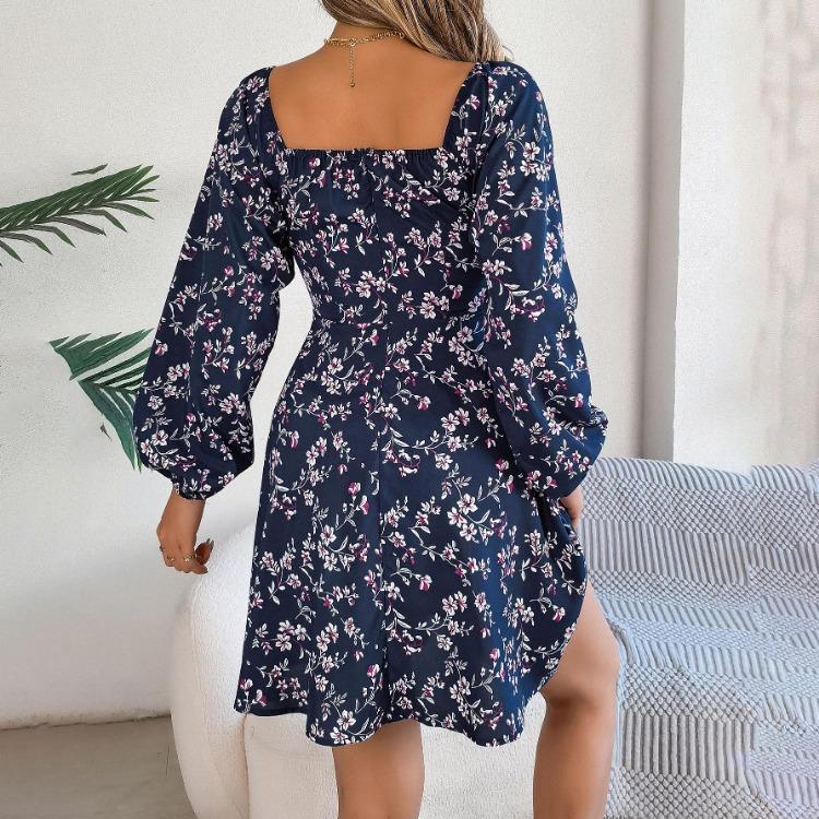 Floral Long Sleeve A Line Dress for Women High Waist V Neck Summer Spring Long Dress Pleated Elegant