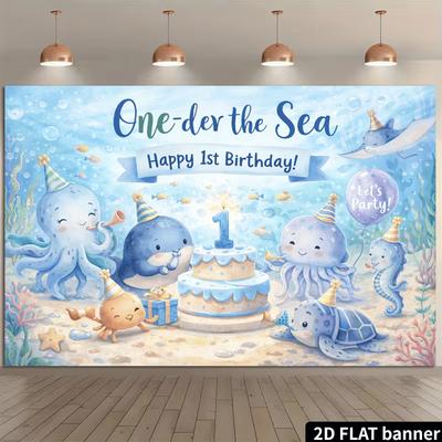 2D Baby Boy Underwater World 1st Birthday Backdrop Photography Background