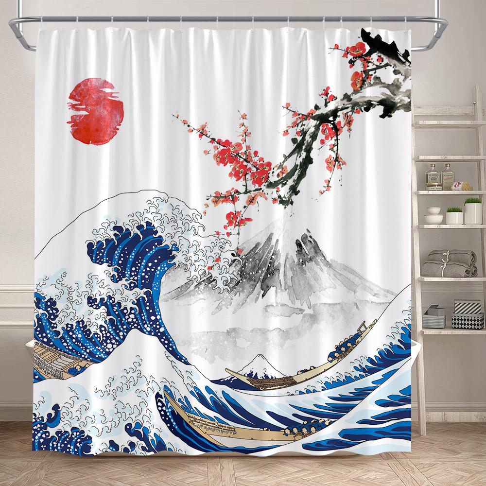 Japanese Style Floral Shower Curtain Pink Cherry Blossom Koi Fish Sea Waves Abstract Mountain Scenery Bathroom Curtain Decor Set