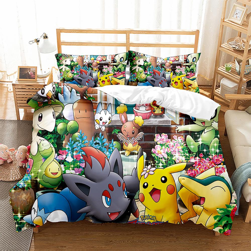 3D Digital Printing Quilt Cover Pillowcase Bedding Cartoon Pikachu Three-Piece Set Home Textile Four-Piece Set Grinding
