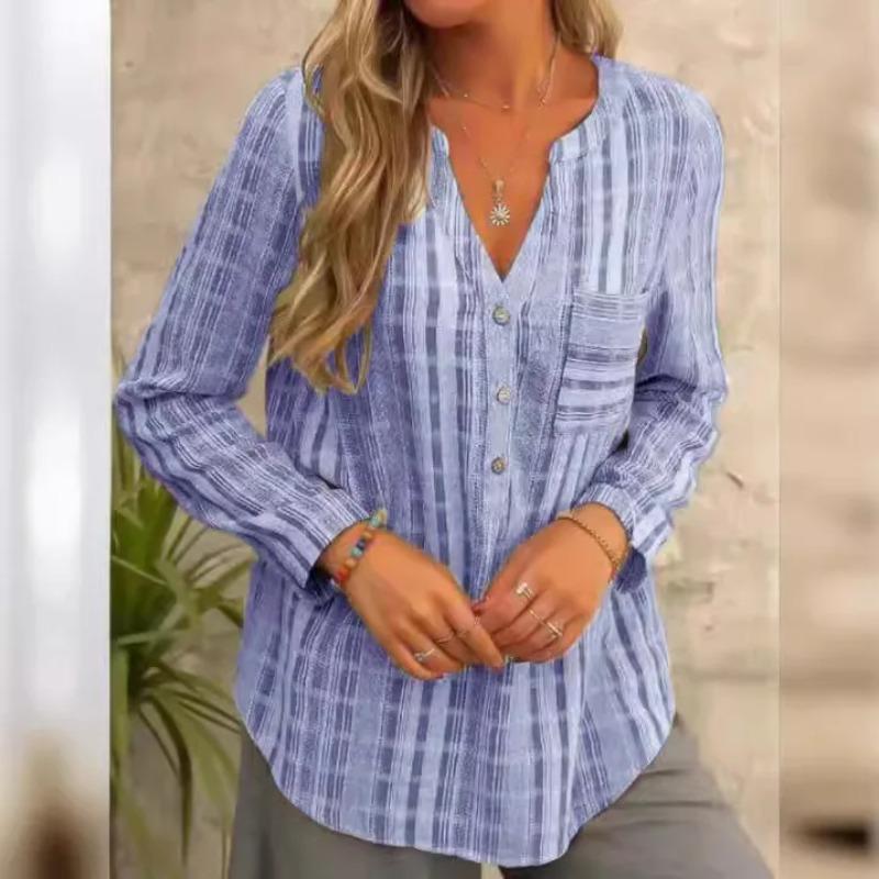 Women Shirts Fashion 2025 Spring Autumn Style Blouses Lady Casual Long Sleeve V-Neck Striped Printed Pockets Casual Loose Tops