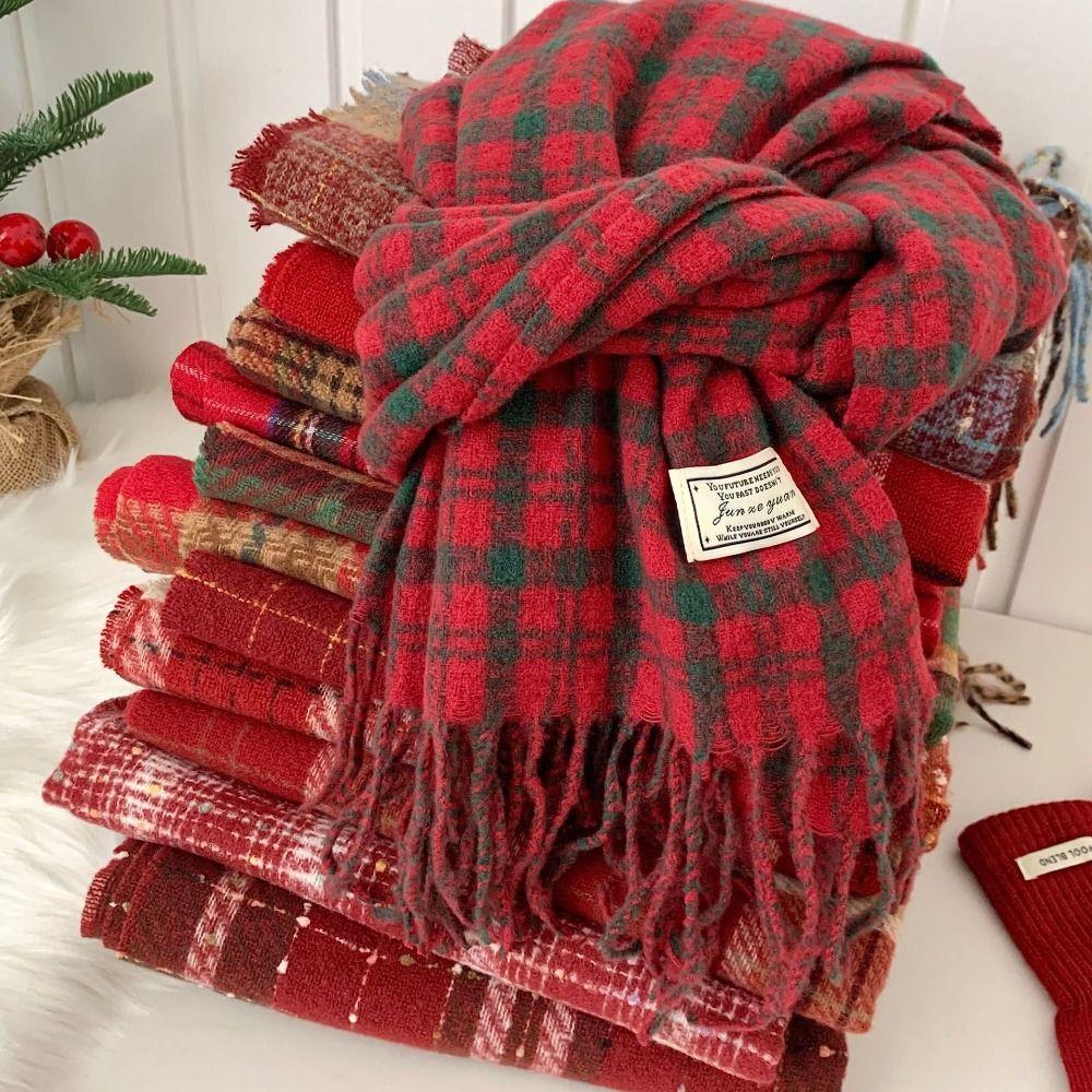 Sweet Winter Knitted Scarves New Year Red Long Shawl Warm Plaid Wool Scarf  Student