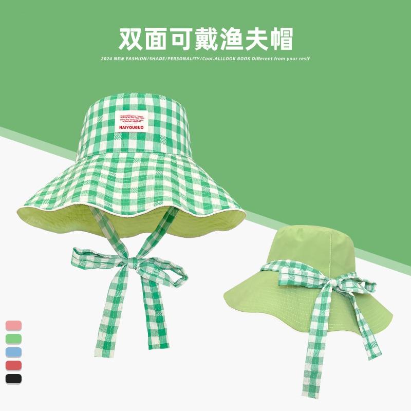 Plaid wide edge strap bucket hat women's summer big brim showing face small sun hat sun protection hat basin hat