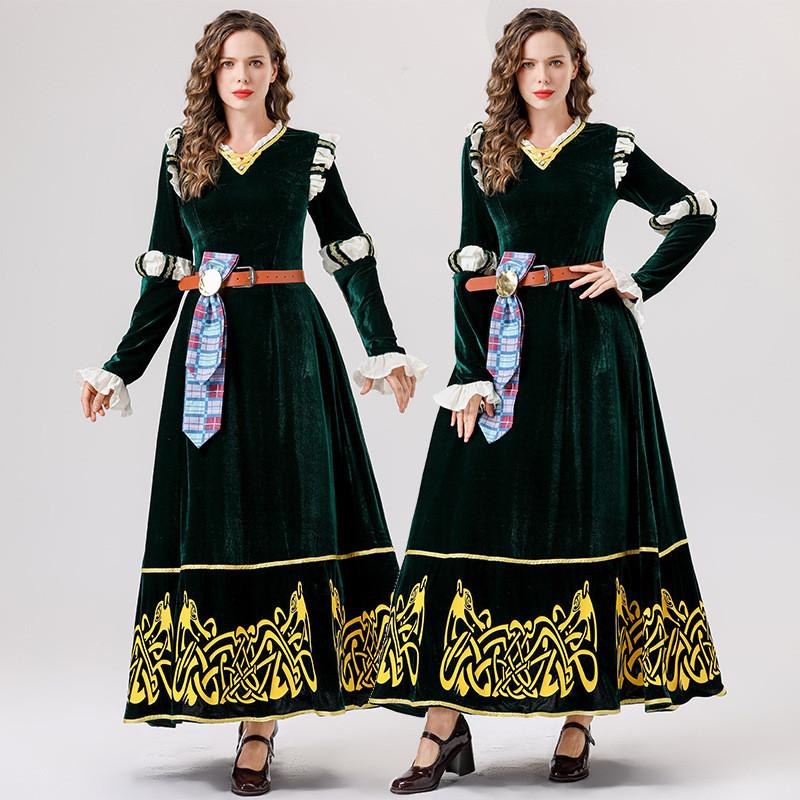 European Medieval Queen Costume With Green Velvet Cotton Fabric For Halloween Cosplay Party