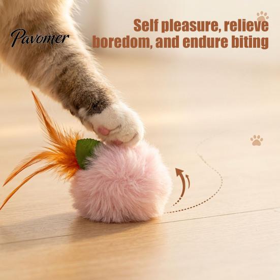 Plush Furry Ball with Feathers Cat Toy Feather, Interactive Pom Balls, Realistic Prey Motion Toys Soft Kitten Chasing for Indoor Cats Exercise