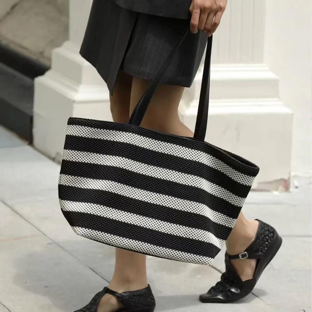 Korean Style Black and White Striped Tote Bag Large Capacity Hollow Shoulder Bag Girls