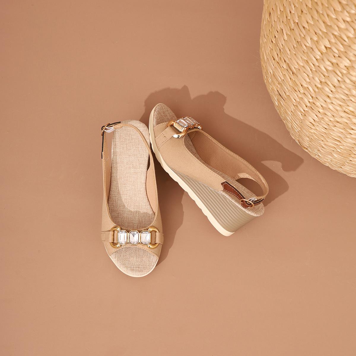 

2024 новые замшевые банты клин пеньковая веревка толстая подошва водонепроницаемый стол мода рыбий рот пустые сандалии женщины 42 хаки