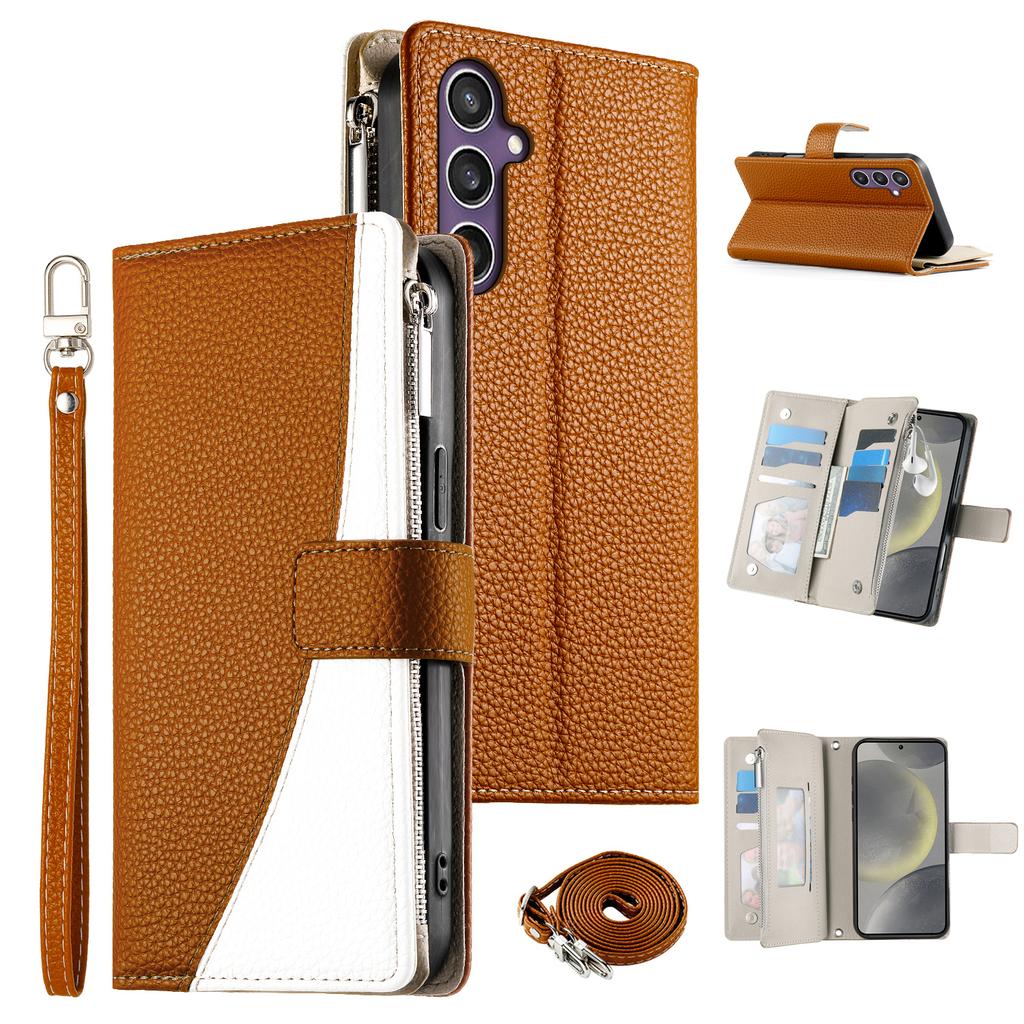 For Samsung Galaxy S25/S24 Case Zipper Wallet Color Splicing Leather Flip Phone Cover with Straps
