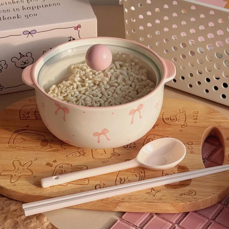 White Ceramic Instant Noodle Bowl with Lid and Spoon, Bow-Knot Design