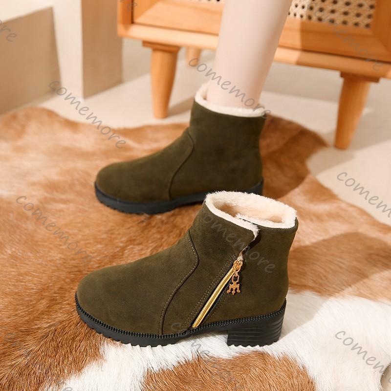 Comemore Winter New Square Heel Cotton Boots Round Toe Suede Padded Warm Snow Botas Casual Side Zipper Platform Booties