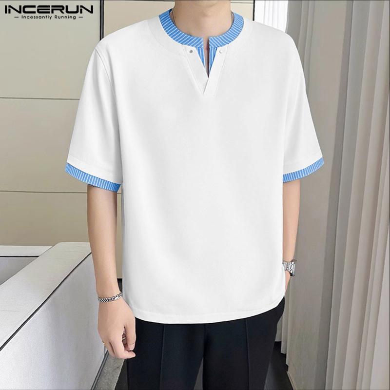 INCERUN Men's Short Sleeve Casual Striped Patchwork Oversized Tops T-shirts