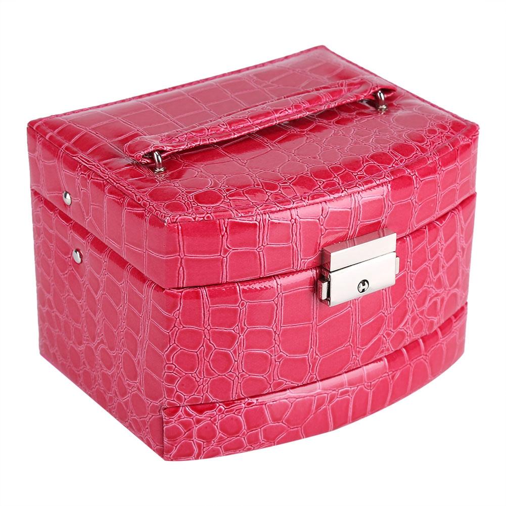 Portable Jewelry Box Storage Multi Layer Organizer Case Ring Earring Necklace Mirror (Rose Red)