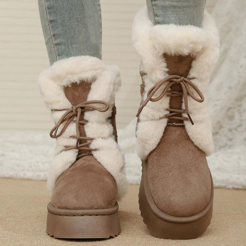 Vintage Furry Warm Snow Boots for Women Winter Platform Anti Slip Snow Boots Woman Faux Suede Lace Up Cotton Shoes Mujer