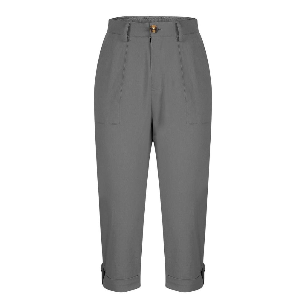 Women Casual Capri Pants High Waisted Rolled Cuff Ankle Pants Solid Color Pocket Detail Loose Fit Trousers
