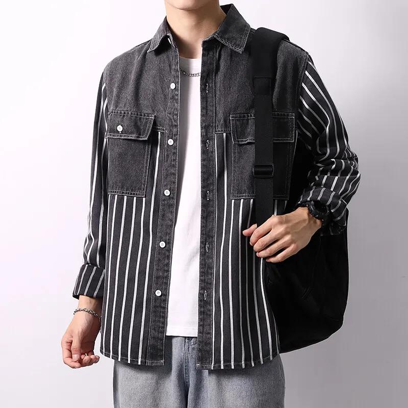Spring Autumn Men Fashion Denim Shirts Men Long Sleeve Casual Cotton Shirt Men Striped Streetwear Tops Turn Down Collar Blouse