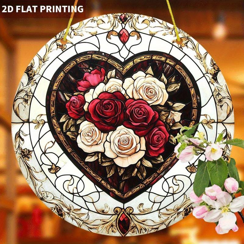 2D Flat Heart-Shaped Rose Dreamcatcher Window Decoration Sign, Elegant Red Roses, Suitable for Wall Decoration, Porch, Room, Villa, Accents Home, Hall