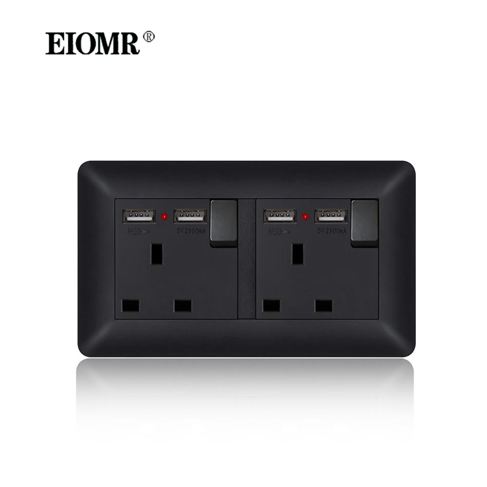 EIOMR 13A UK Standard Plug Power Wall Socket and Switch 250V, with USB Type-C Charger Port 5V 2.1A, Black PC Curved Frame Panel
