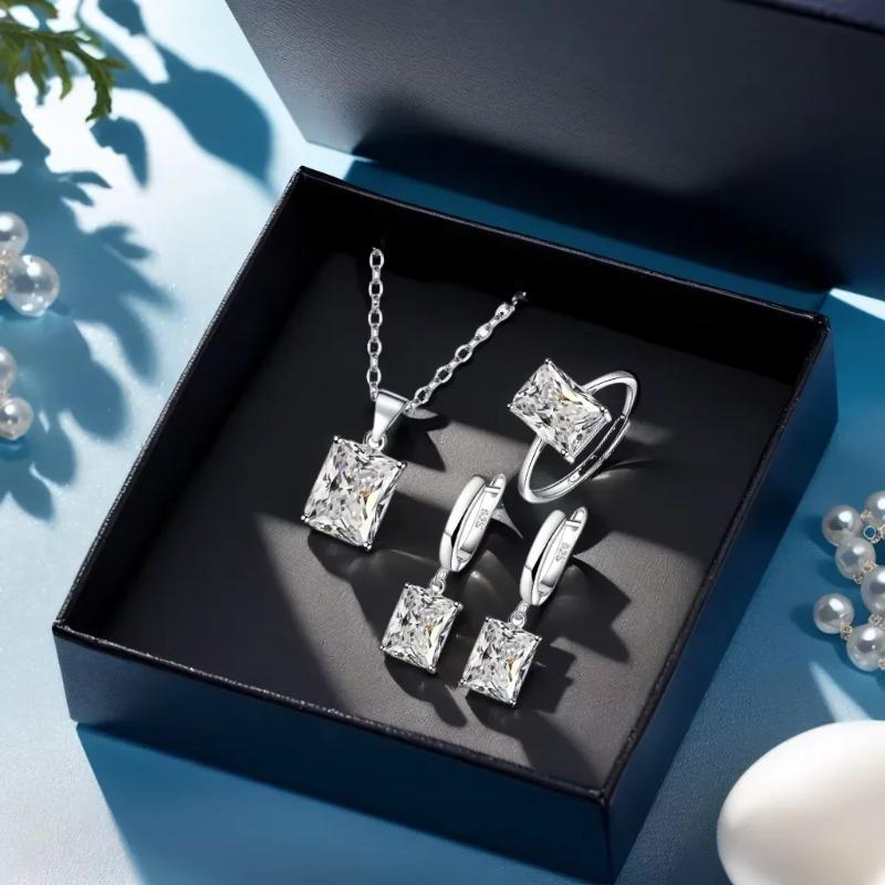 Elegant Jewelry Sets Ring Earrings Necklace For Women Rectangle Geometry Zircon Wedding Accessories