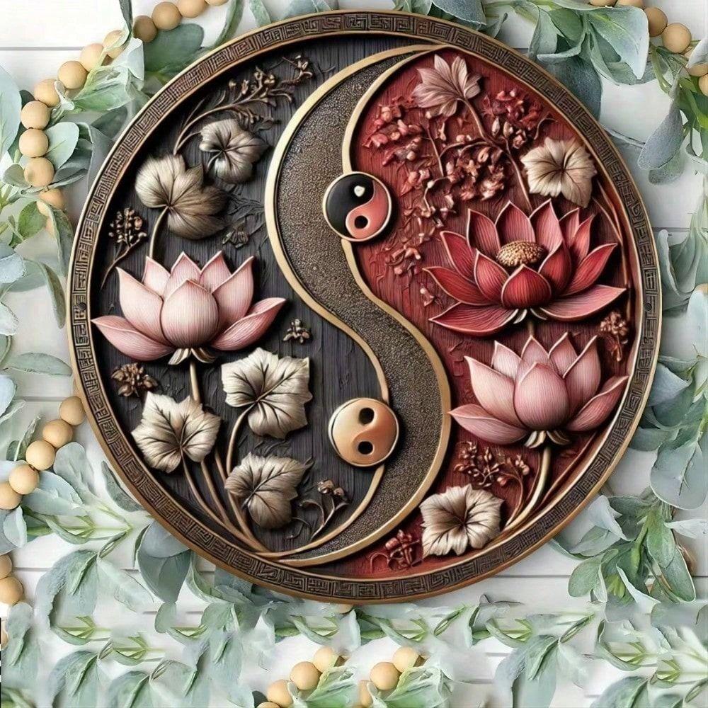 Metal Wall Art Yin Yang Lotus 20x20 cm Flat Print Home Decor