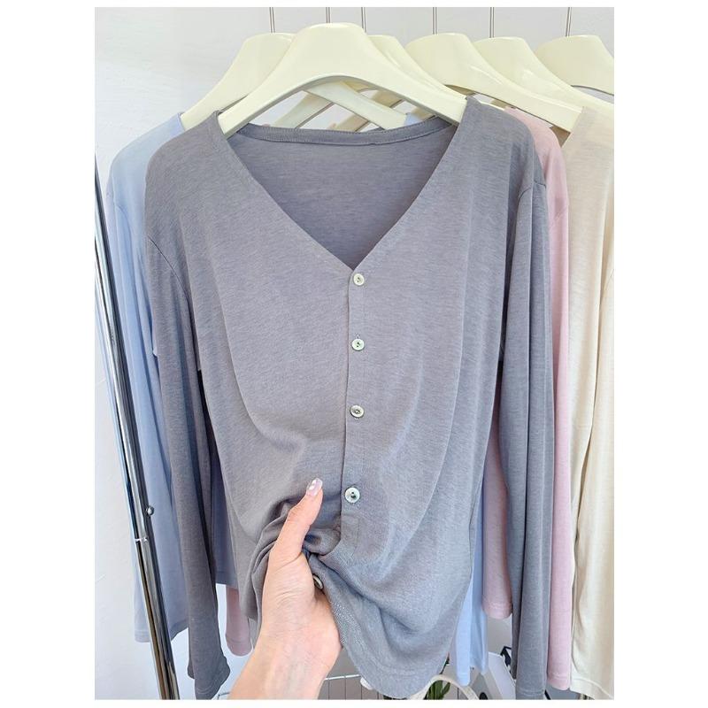 Beiges V-Ausschnitt Knopfleisten-Langarmtop Dehnbarer Weicher Stoff Lockere Bequeme Passform Damen Alltagsbluse