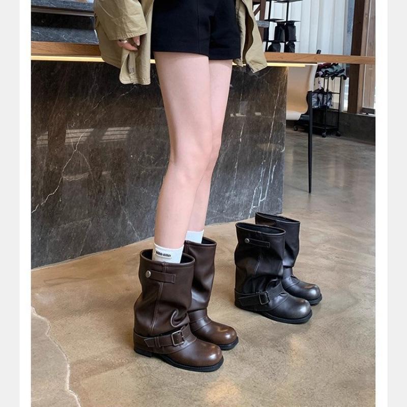 Klobige Plateau Weitschaftige Slouchy Stiefeletten - Echtes Leder Damen Herbst/Winter Stil