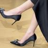 Spring New Black High Heels, Rhinestone Bow, Beautiful Temperament, Pointed Celebrity Stiletto Shoes