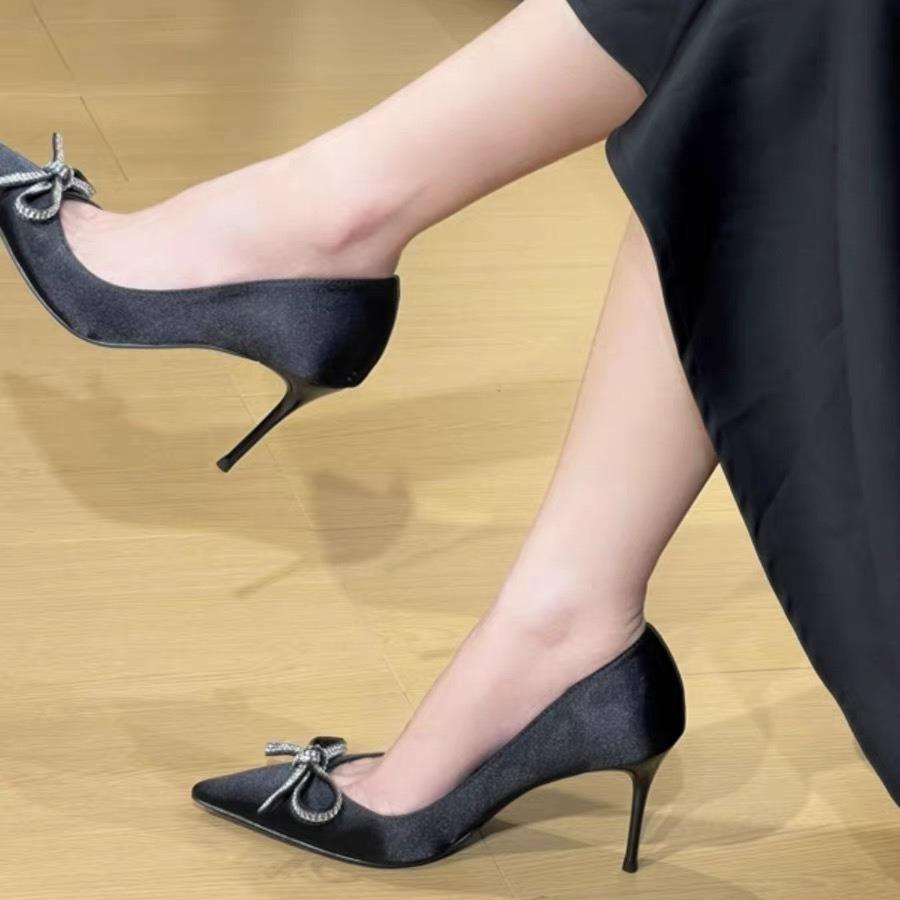 Spring New Black High Heels, Rhinestone Bow, Beautiful Temperament, Pointed Celebrity Stiletto Shoes