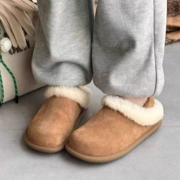 Popular velvet warm thick-soled fluffy slippers for women's 2025 autumn and winter new round-headed lazy shoes with two heels
