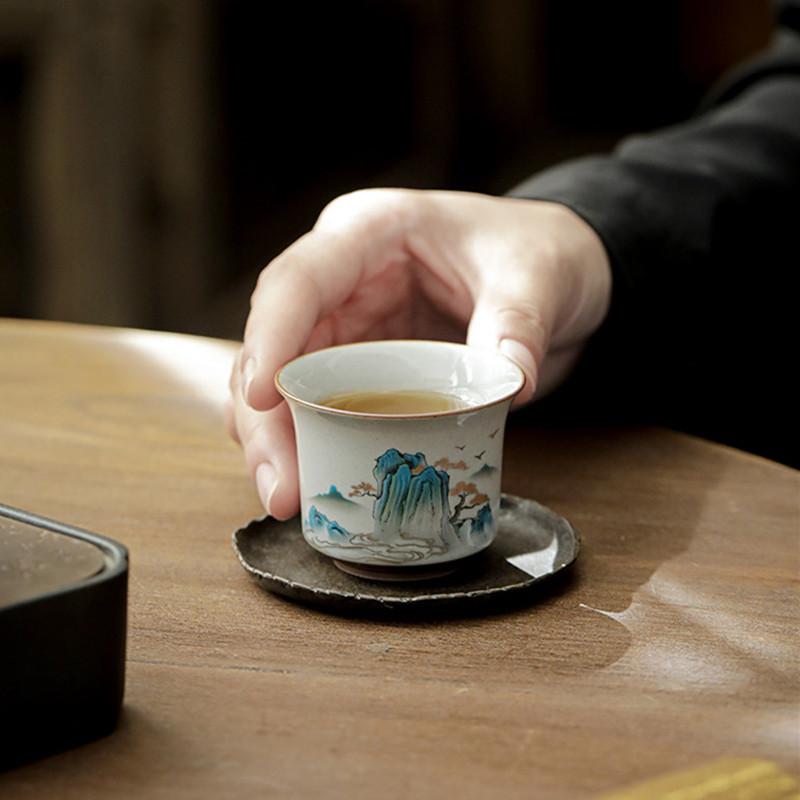 1 Pcs Chinese Retro Ceramic Teacup Handmade Landscape Pattern Tea Bowl Travel Portable Master Meditation Cup Household Tea Set