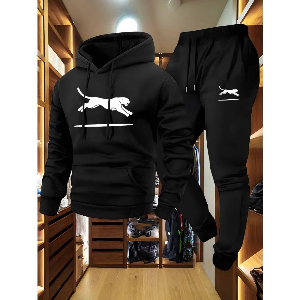 

Casual Cargo Sweatshirt & Jogger Set Black White Leopard Print Soft Comfort Fabric Loose Fit Hooded Pullover Multiple Pockets XXL