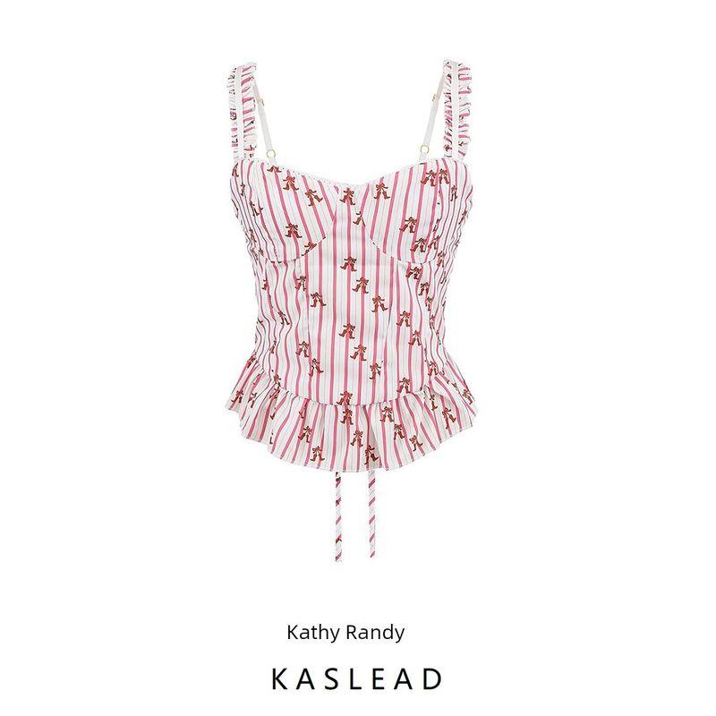 Kaslead New Arrival Women's Clothing Fashion Style Stylish Simple and Versatile Stripes Print Shoelace Vest Tops