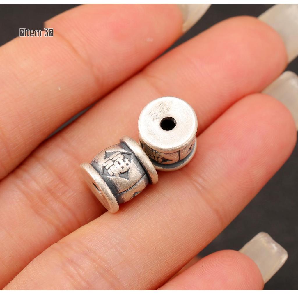 Ethnic-Style Sterling Silver S999 Fu Character Spacer Beads: Retro Barrel Ruyi Beads for DIY Lucky Silver Jewelry