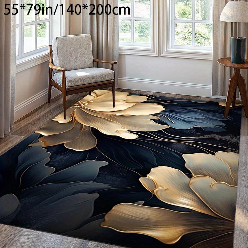 Diamond Velvet Mat Anti Slip Point Plastic Backing Nordic 3D Floral Dark Blue Golden Large Area Mat Living Room Bedroom Office