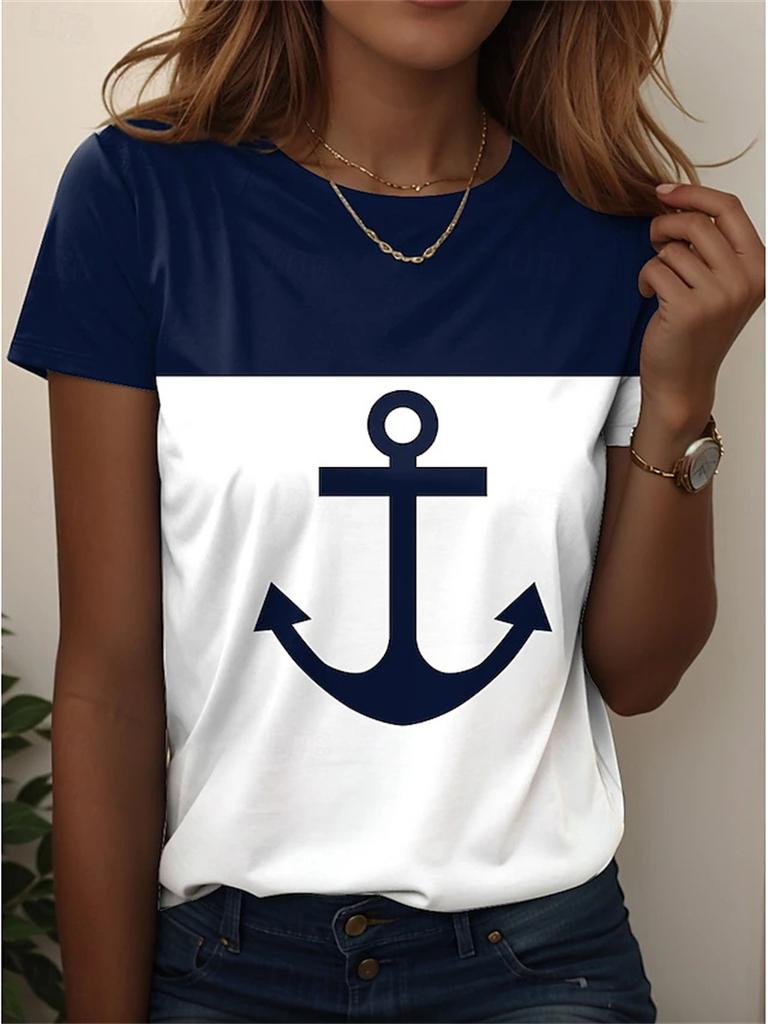 Boat AnchorGraphic T-shirt For Women 2025 New Design Short Sleeve Stripe T Shirts Summer Oversized Fashion Elegant Kids Tees
