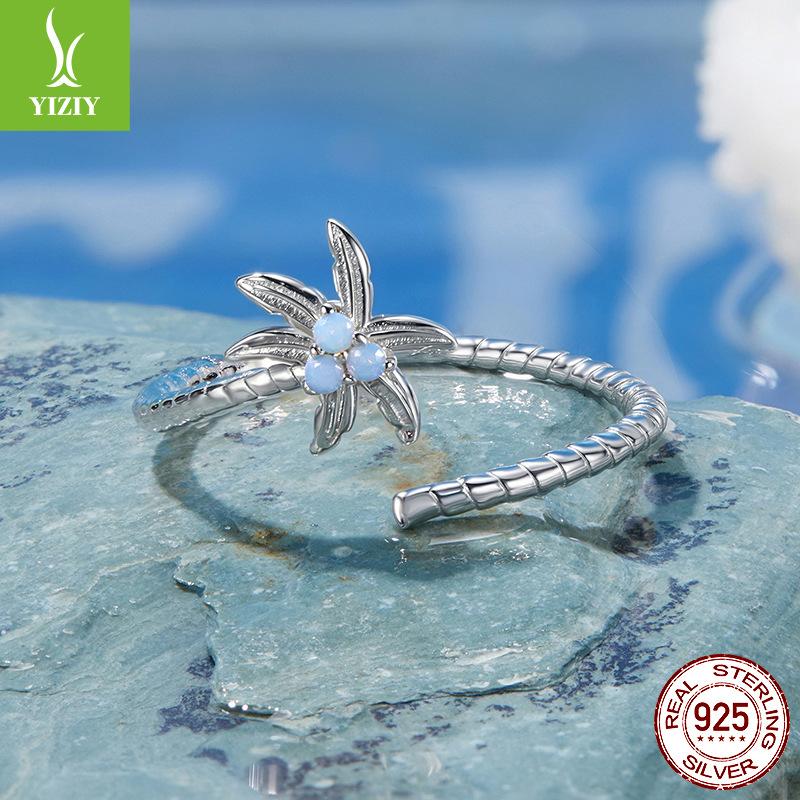 925 Sterling Silver Summer Vacation Style Coconut Tree Open Ring Fashion Ring Women'S Niche Premium Light Luxury