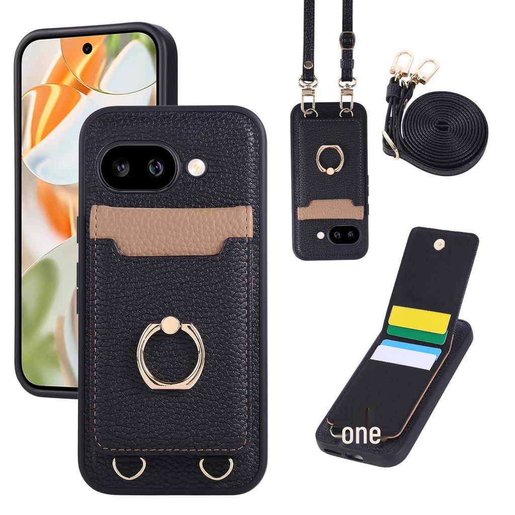 Skórzane etui na telefon z uchwytem na karty i smyczą dla Google Pixel 9a/10 Pro, wzór liczi, styl japoński i koreański