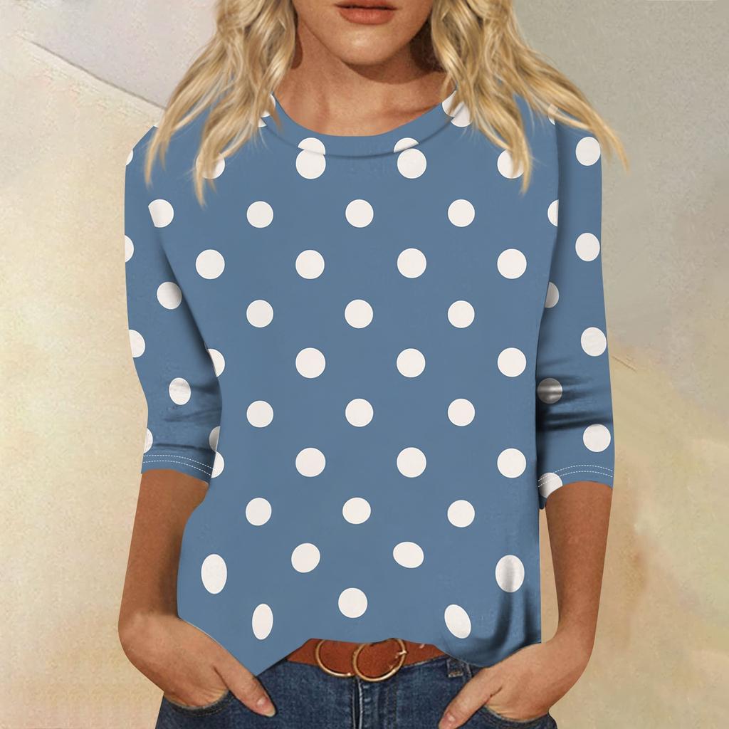 Damen Polka Dot T-Shirt Hals Dreiviertelarm Lässiges Sommer Oberteil
