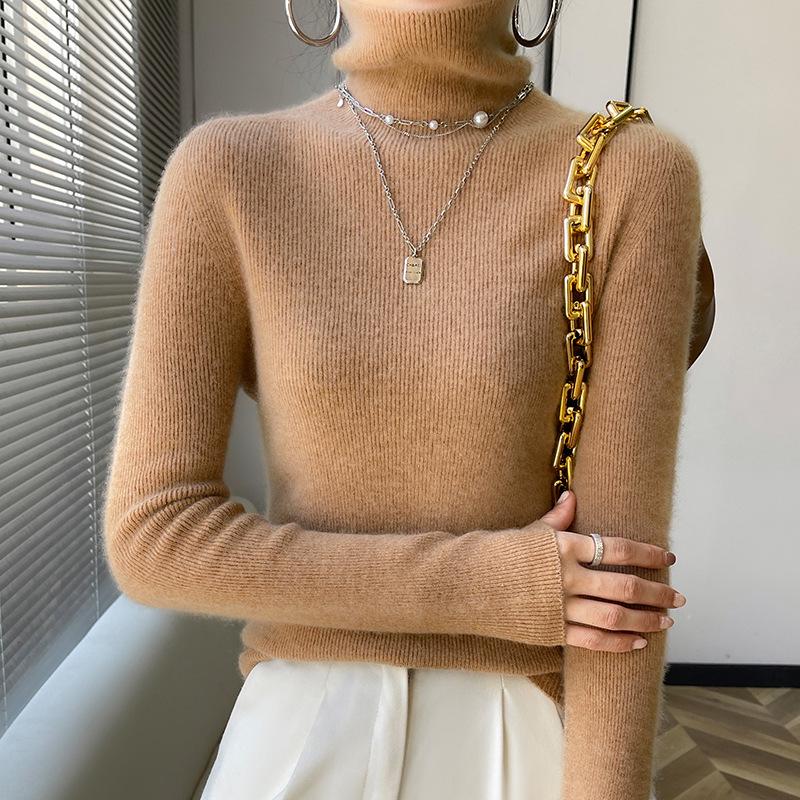 Women's Slim-Fit Ribbed Cashmere Sweater - Solid Color, High-Neck, Knitted Top for Autumn/Winter