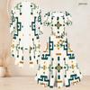 Women Plus Size Two Piece Set Square Neck Short Sleeve Tie Waist Printed Flared Dress 3 4 Sleeve Black White Cardigan