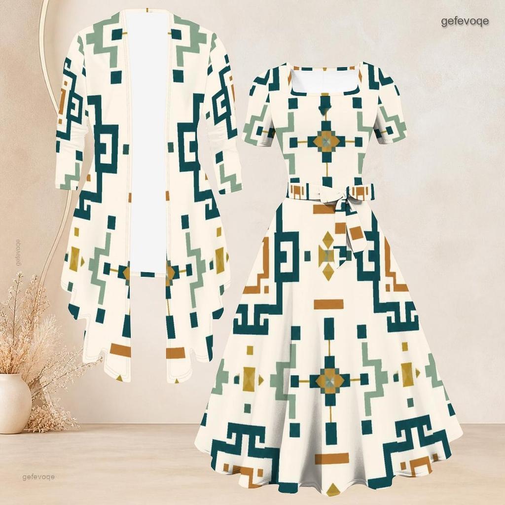 Women Plus Size Two Piece Set Square Neck Short Sleeve Tie Waist Printed Flared Dress 3 4 Sleeve Black White Cardigan