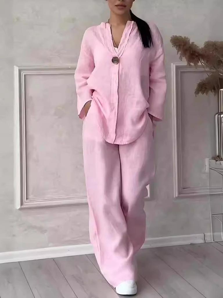 Women 2-Piece Outfit Long Sleeve Button Blouse & Wide Leg Pants Set Casual Solid Linen Look Suit S-5XL