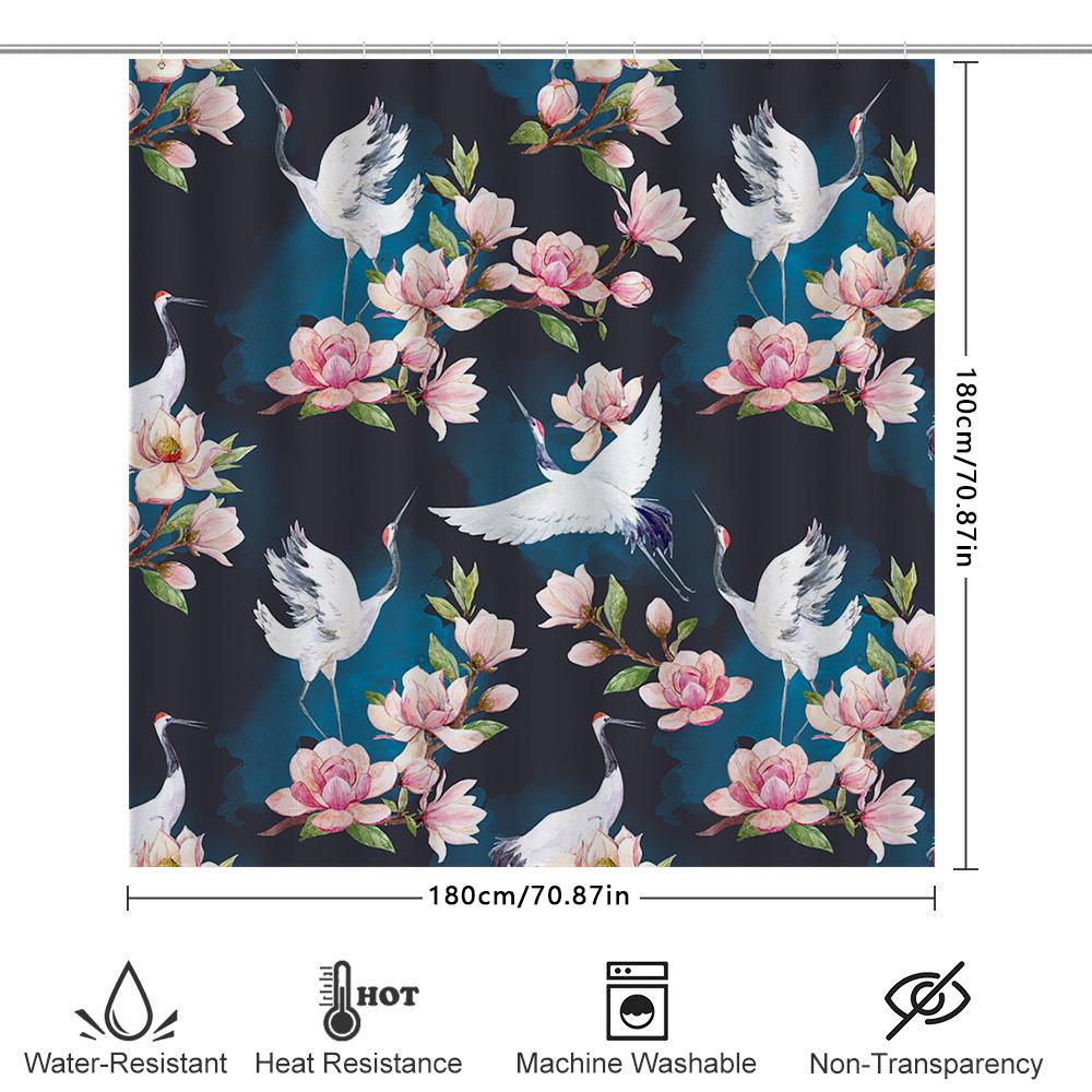 Tenda da Doccia Lussuosa con Stampa Floreale e Gru Sfondo Blu Navy con Fiori e Uccelli per Decorazione Bagno