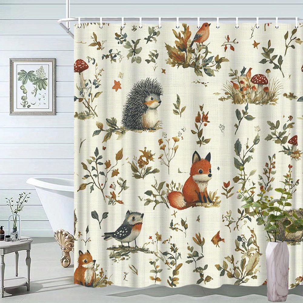 Forest Animal Shower Curtain Fox Hedgehog Bird Watercolor Bathroom Decor Polyester with Hooks 90x180